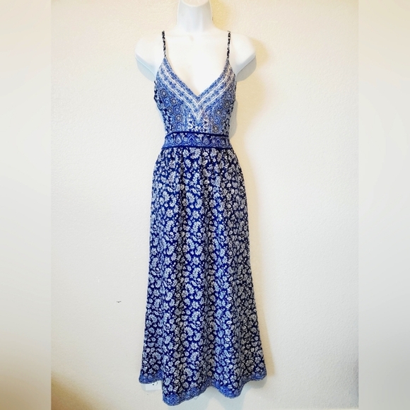 ZARA Boho Maxi Slip Dress Open Tie Back Blue & White Paisley Print Triangle - Picture 1 of 8